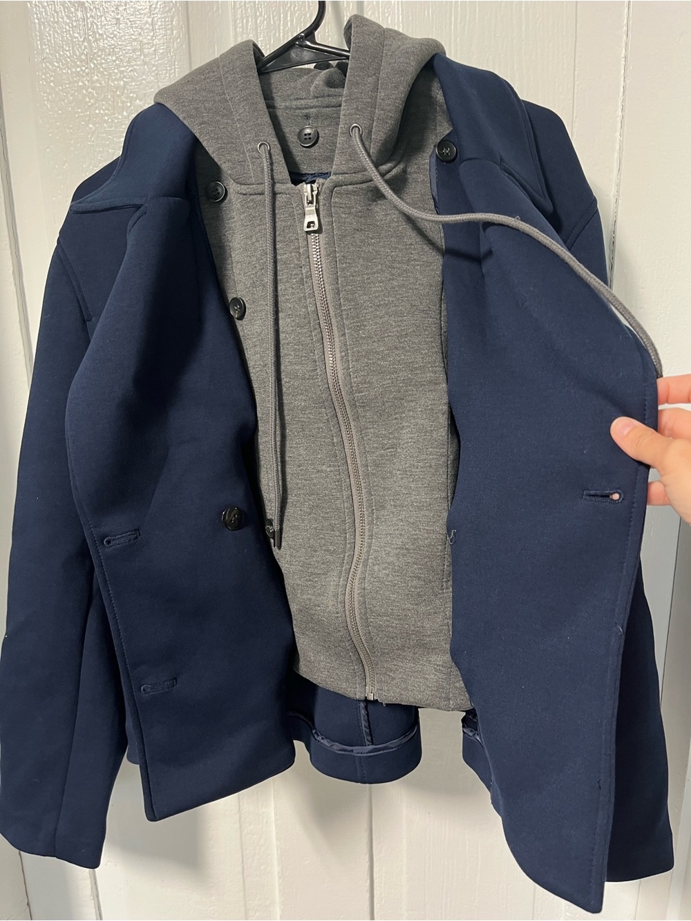 Maeve Anthropologie Twofer Hooded Peacoat Jacket Coat Navy Blue Gray XL - Picture 6 of 11